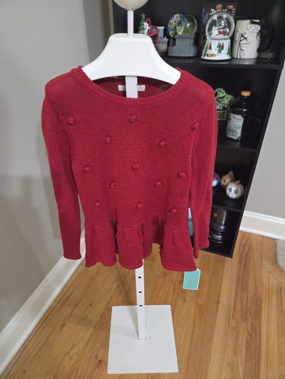 Copper Key Red Knit Peplum Sweater with Pom Details